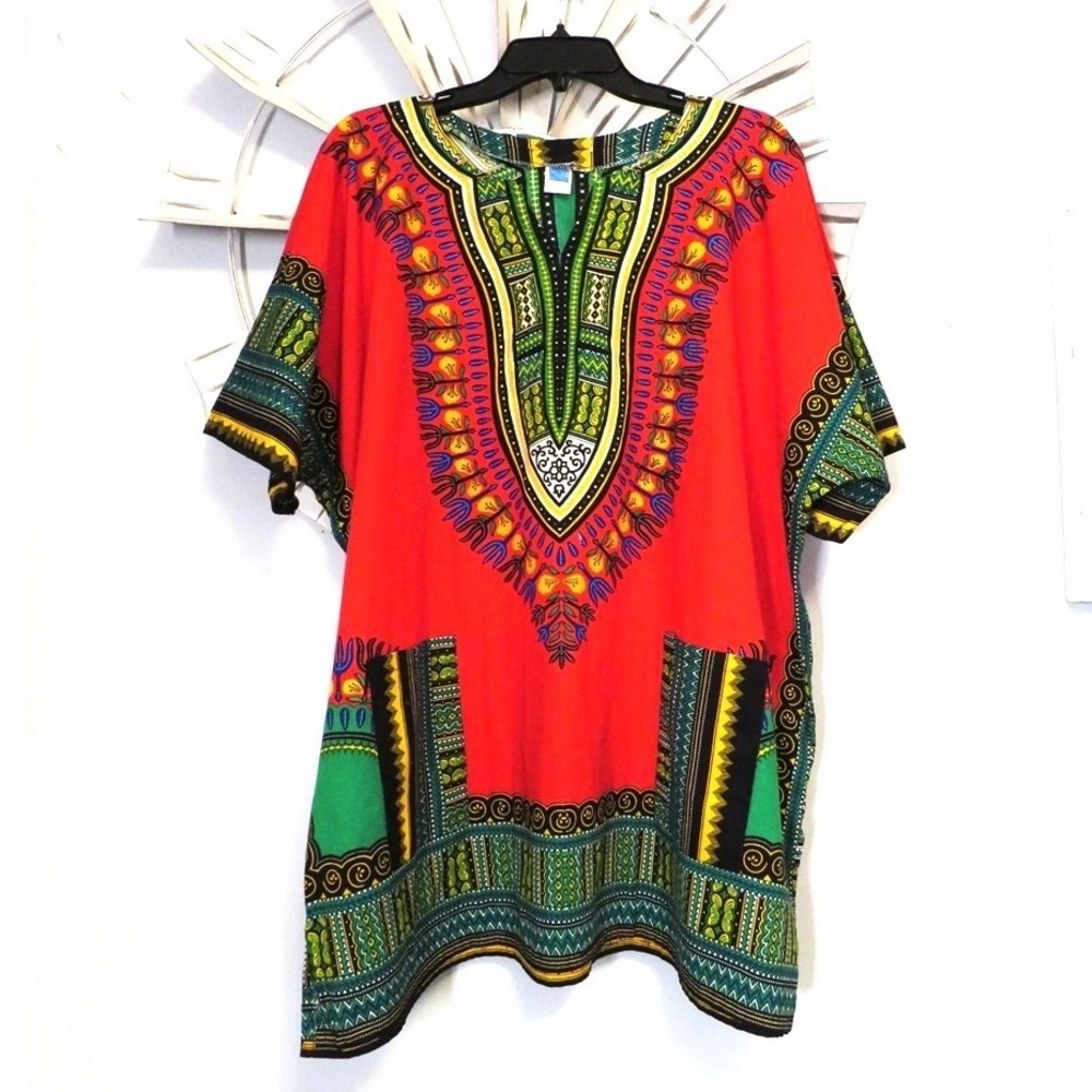 Mama & Papa Red Dashiki Tunic Top 100% Cotton‎ Thailand OS